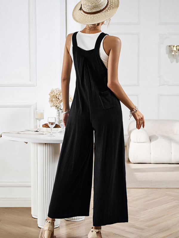 Jumpsuits- Cotton-Linen Pocketed Jumpsuit - Wide Leg Overalls Pantsuits- - Pekosa Women Clothing