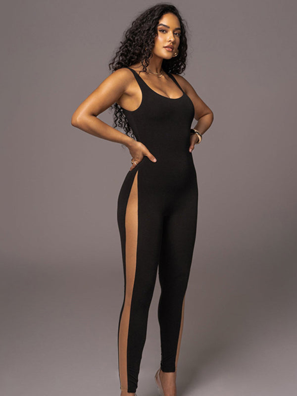 Jumpsuits- Full-Length Mesh Accented Jumpsuit - Solid Sleeveless Playsuit- - Pekosa Women Clothing