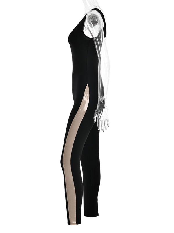 Jumpsuits- Full-Length Mesh Accented Jumpsuit - Solid Sleeveless Playsuit- - Pekosa Women Clothing