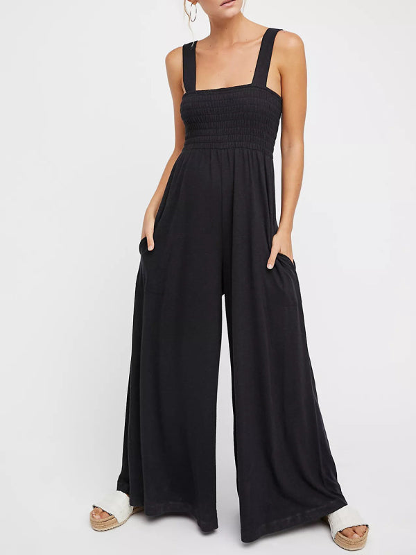 Jumpsuits- Smocked Bodice Playsuit - Solid Wide-Leg Jumpsuit- - Pekosa Women Clothing
