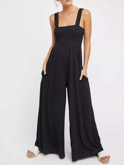 Jumpsuits- Smocked Bodice Playsuit - Solid Wide-Leg Jumpsuit- - Pekosa Women Clothing