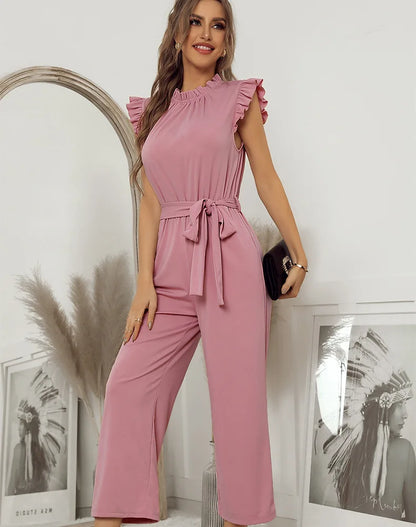 Jumpsuits- Solid Belted Jumpsuit - Women's Full-Length Playsuit with Frill Collar- - Pekosa Women Fashion