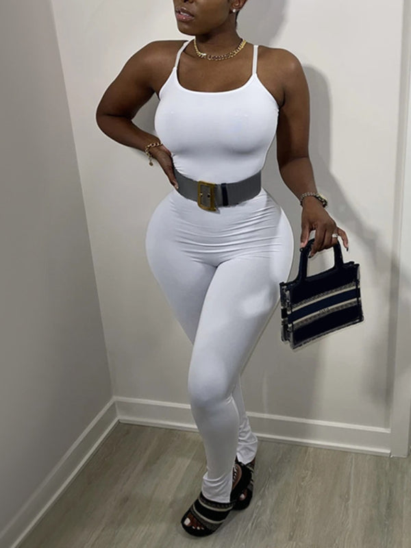 Jumpsuits- Women's Tight-Fitting Unitard Jumpsuit for Active Living- White- Pekosa Women Fashion