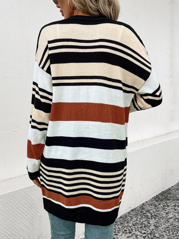 Knit Cardigans- Knit Oversize Color Block Mid Length Cardigan- - Pekosa Women Clothing