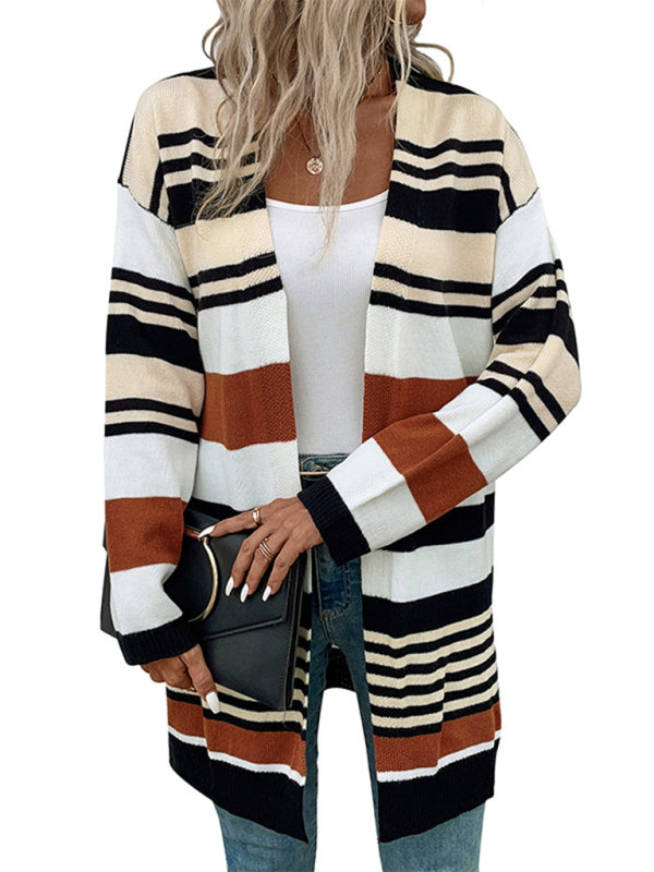 Knit Cardigans- Knit Oversize Color Block Mid Length Cardigan- - Pekosa Women Clothing