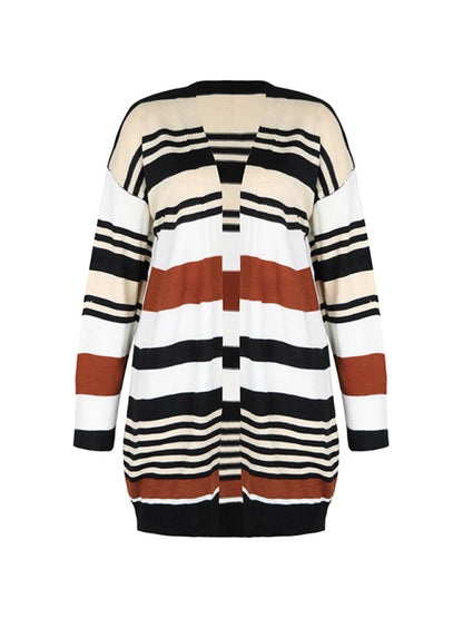 Knit Cardigans- Knit Oversize Color Block Mid Length Cardigan- - Pekosa Women Clothing