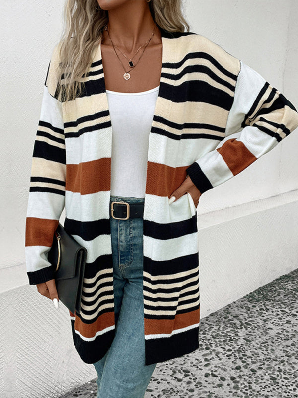 Knit Cardigans- Knit Oversize Color Block Mid Length Cardigan- - Pekosa Women Clothing