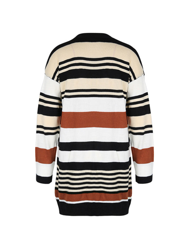 Knit Cardigans- Knit Oversize Color Block Mid Length Cardigan- - Pekosa Women Clothing