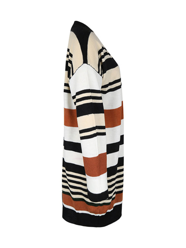 Knit Cardigans- Knit Oversize Color Block Mid Length Cardigan- - Pekosa Women Clothing