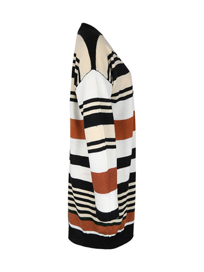 Knit Cardigans- Knit Oversize Color Block Mid Length Cardigan- - Pekosa Women Clothing