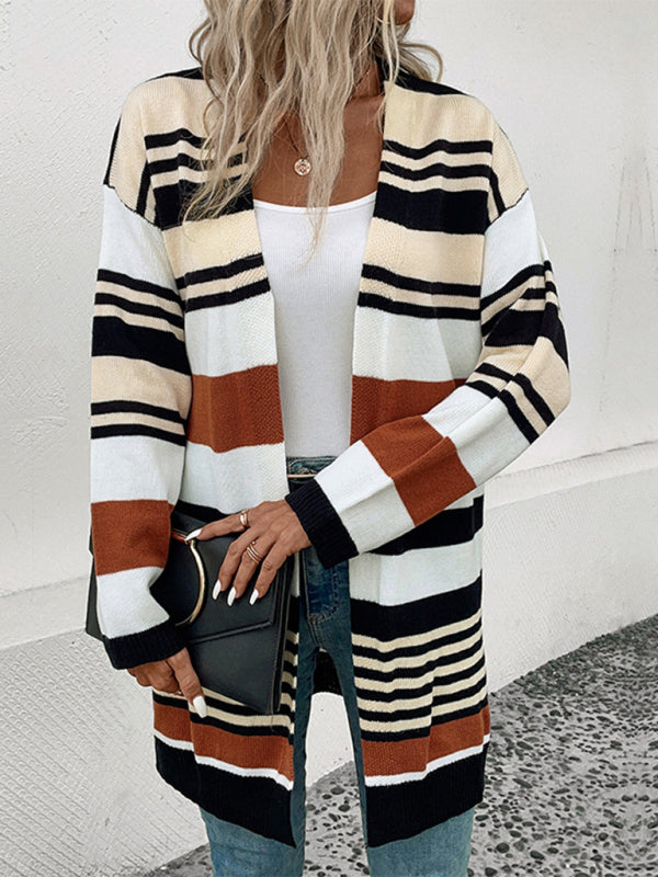 Knit Cardigans- Knit Oversize Color Block Mid Length Cardigan- Khaki- Pekosa Women Clothing