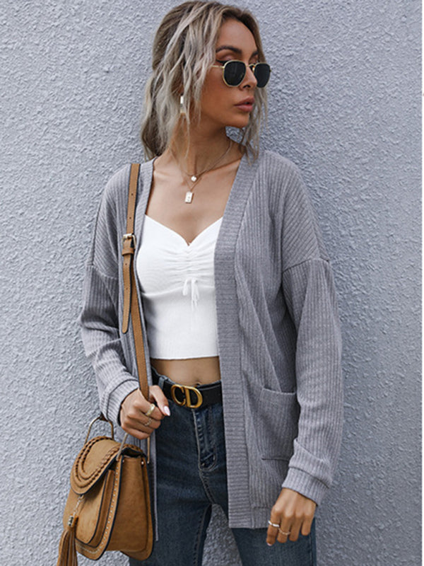 Knit Cardigans- Ribbed Knitted Open-Front Mid-Length Cardigan with Pockets- Misty grey- Pekosa Women Clothing