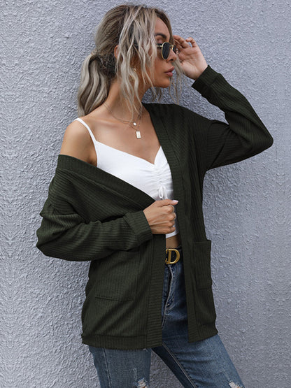 Knit Cardigans- Ribbed Knitted Open-Front Mid-Length Cardigan with Pockets- - Pekosa Women Clothing