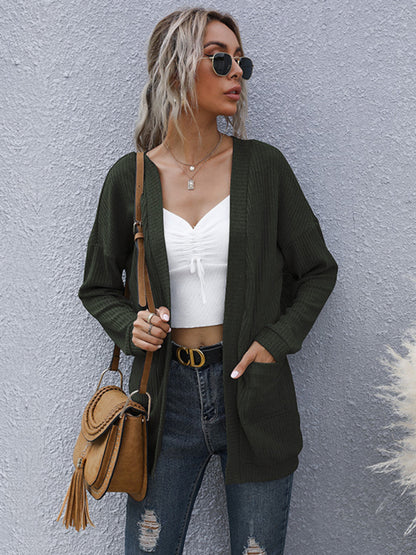 Knit Cardigans- Ribbed Knitted Open-Front Mid-Length Cardigan with Pockets- - Pekosa Women Clothing