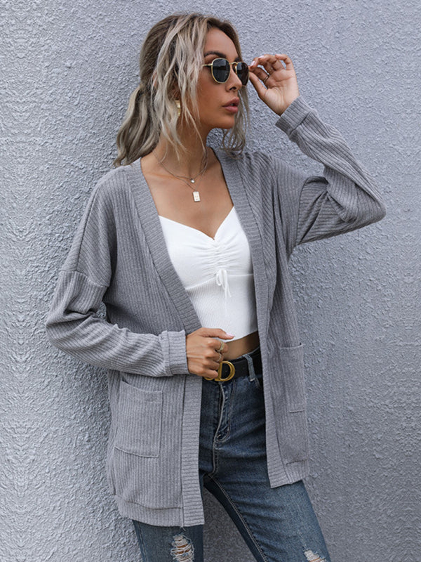 Knit Cardigans- Ribbed Knitted Open-Front Mid-Length Cardigan with Pockets- - Pekosa Women Clothing