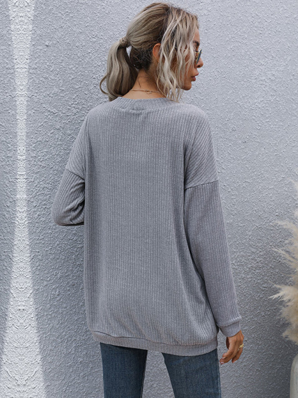 Knit Cardigans- Ribbed Knitted Open-Front Mid-Length Cardigan with Pockets- - Pekosa Women Clothing