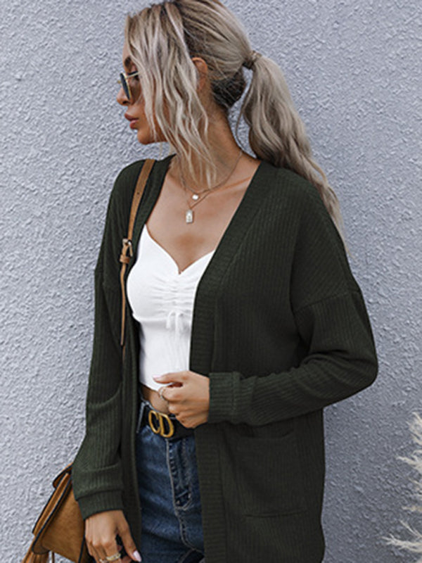 Knit Cardigans- Ribbed Knitted Open-Front Mid-Length Cardigan with Pockets- - Pekosa Women Clothing