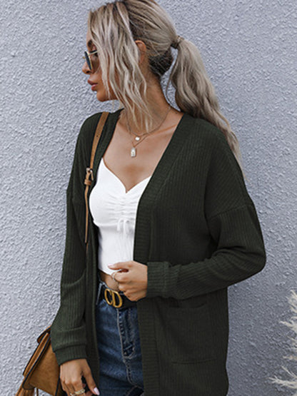 Knit Cardigans- Ribbed Knitted Open-Front Mid-Length Cardigan with Pockets- - Pekosa Women Clothing