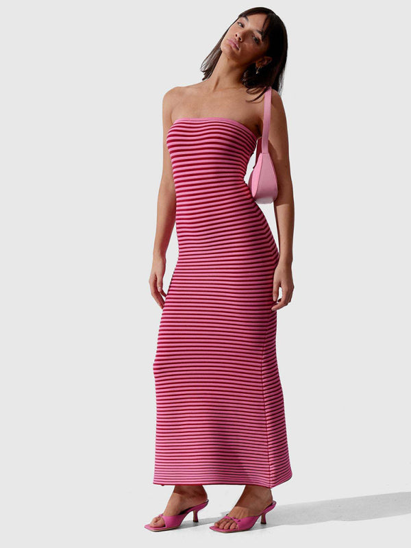Knit Dresses- Stripe Knitted Tube Semi Mermaid Maxi Dress- - Pekosa Women Clothing