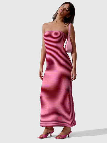 Knit Dresses- Stripe Knitted Tube Semi Mermaid Maxi Dress- - Pekosa Women Clothing