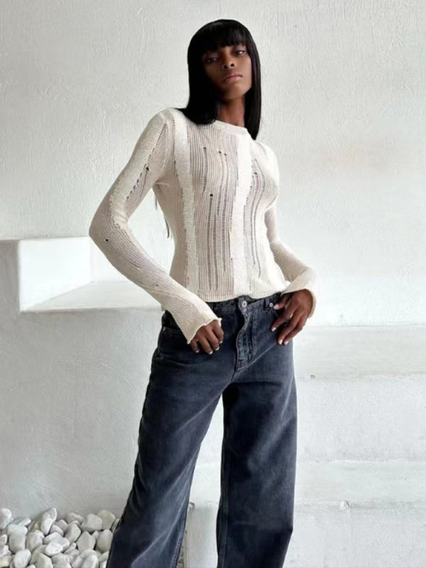 Knit Sweater- Trendy Autumn Distressed See-Through Knit Sweater- - Pekosa Women Clothing