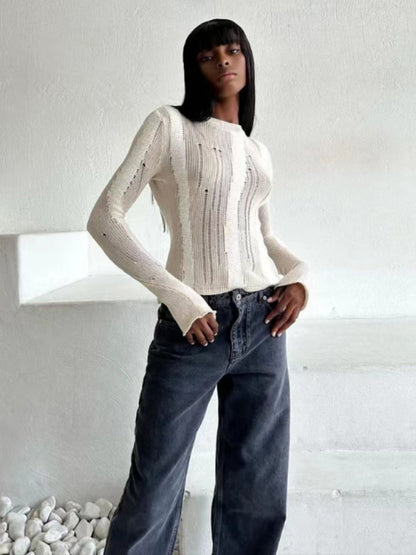 Knit Sweater- Trendy Autumn Distressed See-Through Knit Sweater- - Pekosa Women Clothing