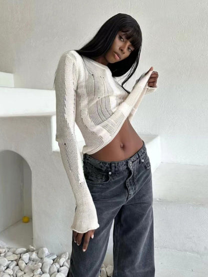Knit Sweater- Trendy Autumn Distressed See-Through Knit Sweater- - Pekosa Women Clothing