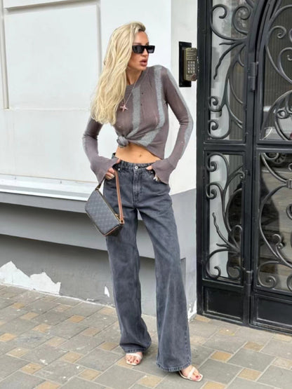 Knit Sweater- Trendy Autumn Distressed See-Through Knit Sweater- - Pekosa Women Clothing