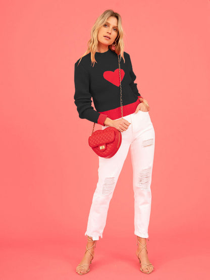 Knit Sweater- Warm Love-Theme Ribbed Knit Sweater for Fall- - Pekosa Women Clothing
