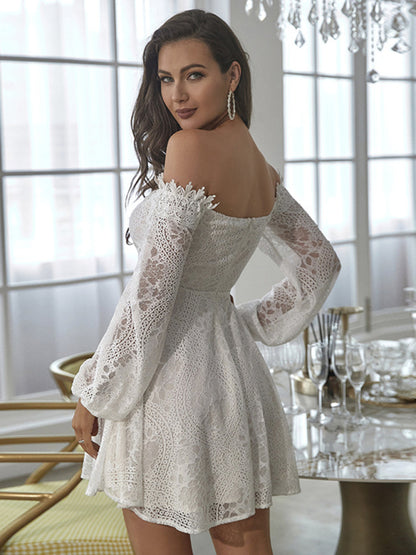 Lace Dresses- Elegant Off-Shoulder Long Sleeve Fit & Flare Dress in Guipure Lace- - Pekosa Women Clothing