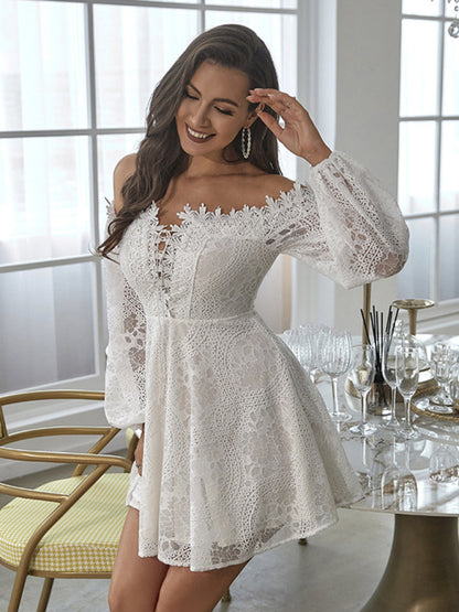 Lace Dresses- Elegant Off-Shoulder Long Sleeve Fit & Flare Dress in Guipure Lace- - Pekosa Women Clothing