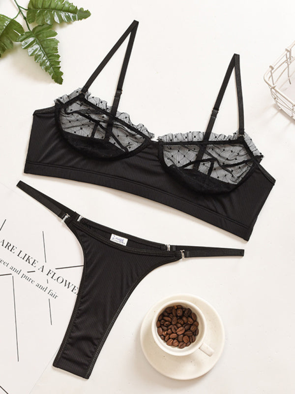 Lingerie- Lace Frill Lingerie See-Through Bra & G-String Panty- - Pekosa Women Clothing