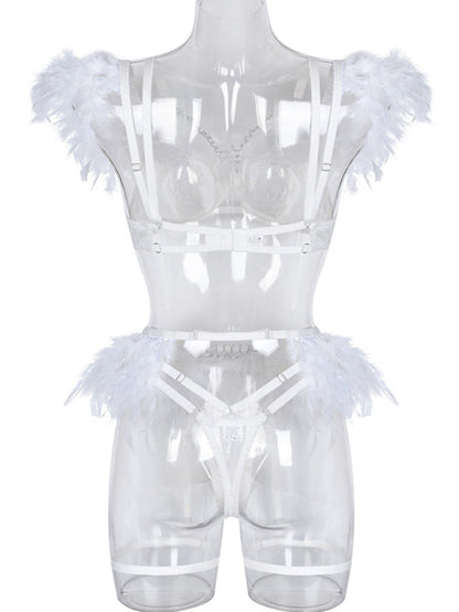 Lingerie Outfit- Feathered 3-Piece Lace Lingerie Set - Bra, G-String, and Garters Belt- - Pekosa Women Clothing
