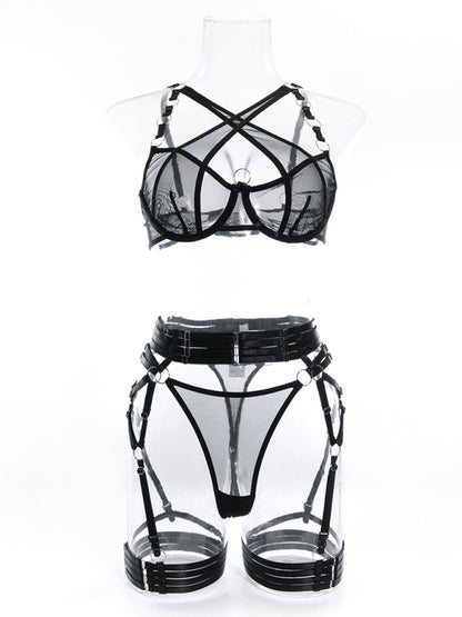 Lingerie outfit- Romantic Evenings with a 3-Piece Lingerie Set - Bra, G-String & Garter Belt Set- - Pekosa Women Clothing