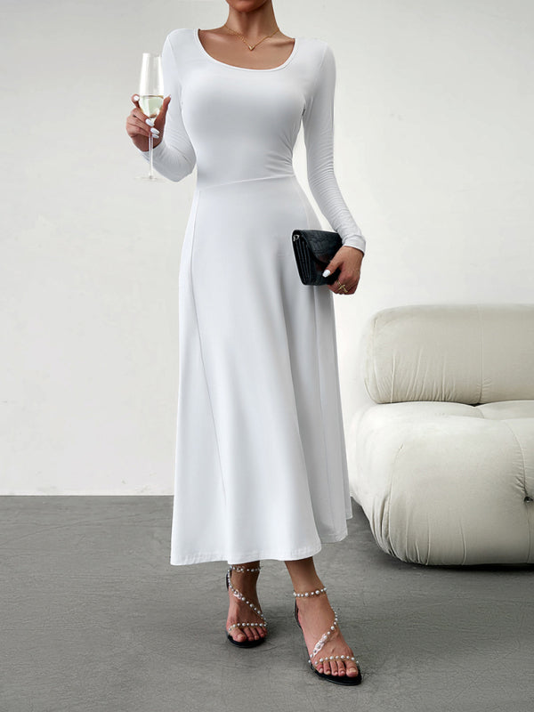 Long Dresses- Elegant Fall-Winter A-Line Maxi Dress with Lace-Up Waist- - Pekosa Women Clothing