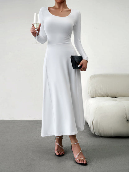 Long Dresses- Elegant Fall-Winter A-Line Maxi Dress with Lace-Up Waist- - Pekosa Women Clothing