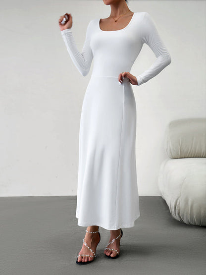 Long Dresses- Elegant Fall-Winter A-Line Maxi Dress with Lace-Up Waist- - Pekosa Women Clothing