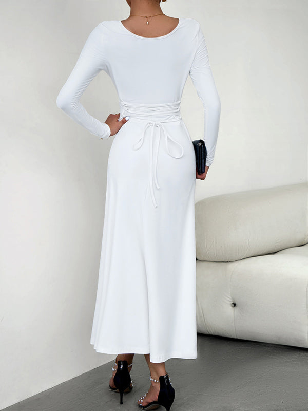 Long Dresses- Elegant Fall-Winter A-Line Maxi Dress with Lace-Up Waist- - Pekosa Women Clothing