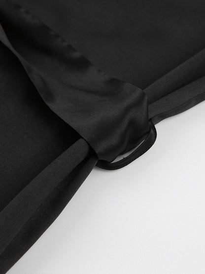 Loungewear- Satin Nightwear | Belted Wrap Robe with Mesh Bell Sleeves & Feather Cuffs- - Pekosa Women Clothing