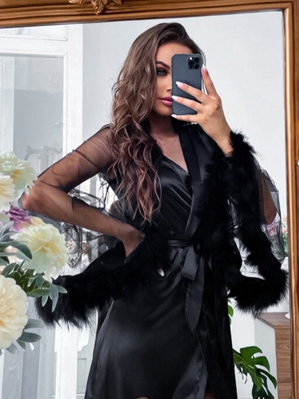 Loungewear- Satin Nightwear | Belted Wrap Robe with Mesh Bell Sleeves & Feather Cuffs- - Pekosa Women Clothing