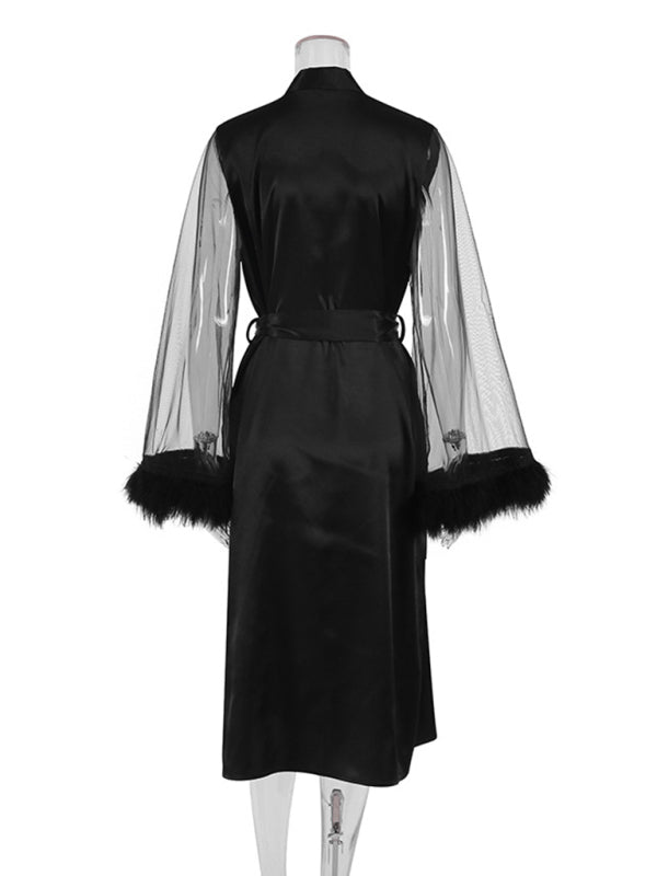 Loungewear- Satin Nightwear | Belted Wrap Robe with Mesh Bell Sleeves & Feather Cuffs- - Pekosa Women Clothing