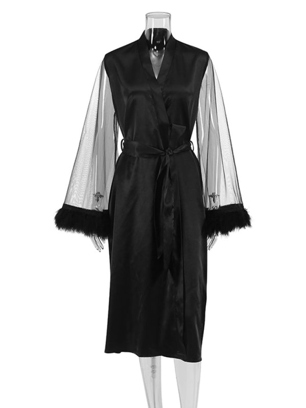 Loungewear- Satin Nightwear | Belted Wrap Robe with Mesh Bell Sleeves & Feather Cuffs- - Pekosa Women Clothing