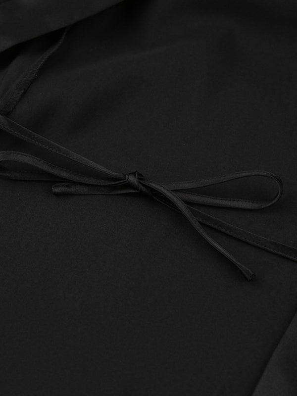 Loungewear- Satin Nightwear | Belted Wrap Robe with Mesh Bell Sleeves & Feather Cuffs- - Pekosa Women Clothing