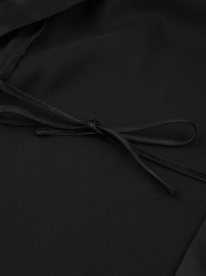 Loungewear- Satin Nightwear | Belted Wrap Robe with Mesh Bell Sleeves & Feather Cuffs- - Pekosa Women Clothing