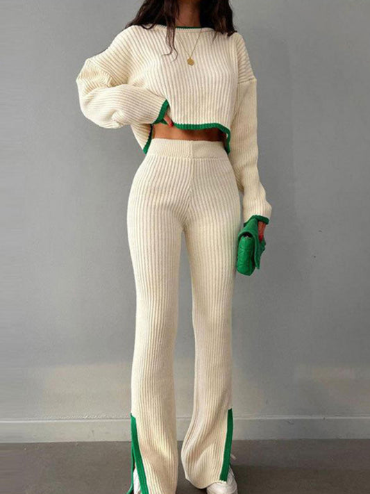 Matching Pants Set- Rib-Knit Outfit Contrast Binding Sweater and Split Ankle Pants- White- Pekosa Women Clothing