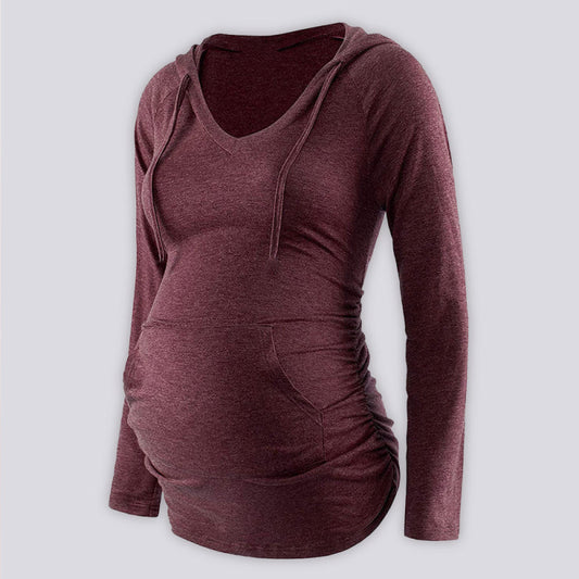 Umstandsmode, einfarbiges Langarm-T-Shirt mit Kapuze