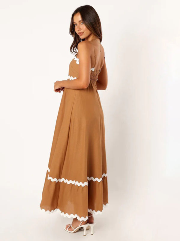 Maxi Dress- Contrast Trim Sleeveless Cami Empire Maxi Dress for Summer- - Pekosa Women Clothing