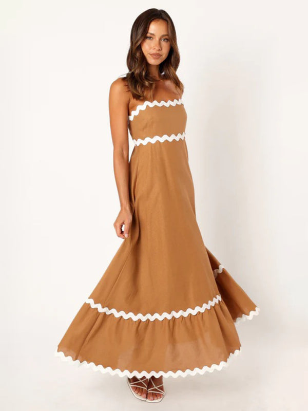 Maxi Dress- Contrast Trim Sleeveless Cami Empire Maxi Dress for Summer- - Pekosa Women Clothing