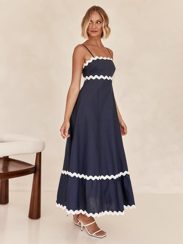 Maxi Dress- Contrast Trim Sleeveless Cami Empire Maxi Dress for Summer- Purplish blue navy- Pekosa Women Clothing
