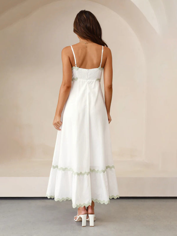 Maxi Dress- Contrast Trim Sleeveless Cami Empire Maxi Dress for Summer- - Pekosa Women Clothing